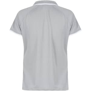 A grey polo shirt featuring a collar and short sleeves, with contrasting trim and a logo on the back.