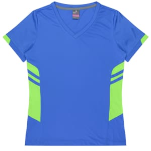 A blue women’s t-shirt featuring green accents and a V-neck design, with logo branding included.