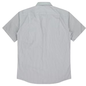 A short-sleeve button-up shirt in light grey with a striped pattern and a back view featuring a logo.