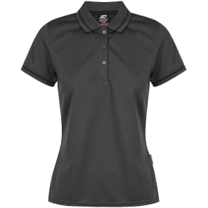 A dark grey polo shirt with a collared neckline, featuring a button placket and a logo.