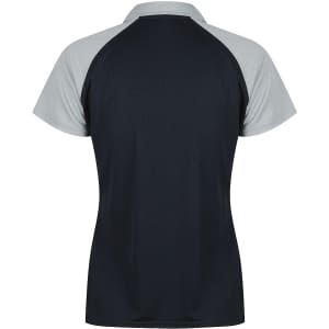 A black and grey polo shirt featuring short sleeves and a breathable design. It has a branding logo on the front.