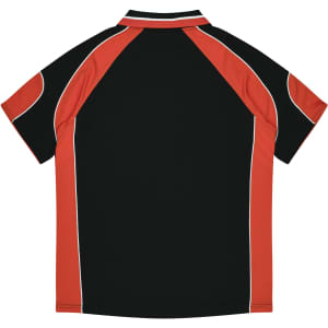 A black and red polo shirt featuring contrasting stitching and a logo on the back.