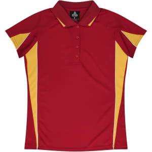 A red polo shirt with yellow accents and a logo, featuring a classic collar and button placket.