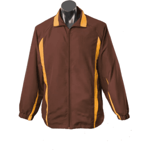 A brown track jacket with yellow stripes, featuring a zip front and a collar. It has a logo on the left side.