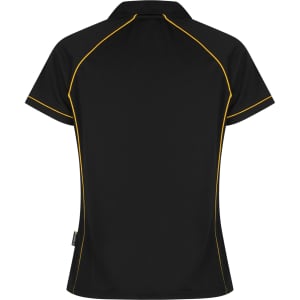 A black polo shirt with yellow piping, featuring a collar and short sleeves. It has a logo on the side.