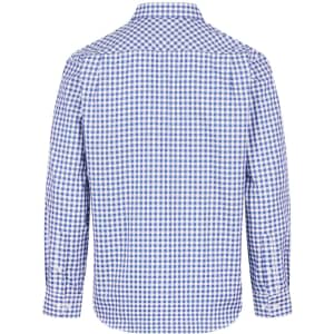 A long sleeve men's button-up shirt in blue and white check pattern, featuring a collar and brand logo.