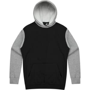 A black and grey hoodie featuring a front pocket and a double-layered hood with an internal light grey lining.