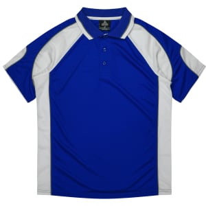 A blue and white polo shirt with a collar and a logo, featuring a sporty design and short sleeves.