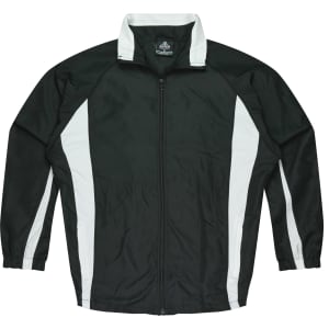 A dark green track top with white side panels and a zip front. It features a collar and elasticated cuffs.