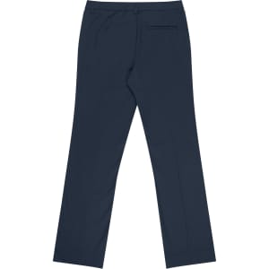 A pair of navy blue women's trousers with a straight leg design and one back pocket.
