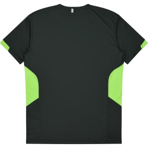 A black and bright green children's T-shirt featuring a logo on the back.
