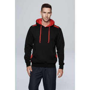 A black hoodie with red accents, featuring a front pocket and drawstring hood, displayed by a model.