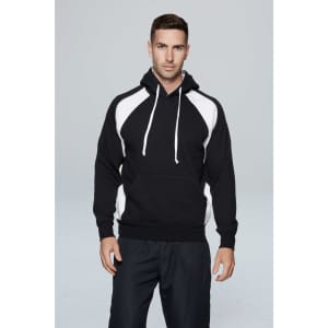 A black hoodie featuring white accents, with a drawstring hood and kangaroo pocket. It has a logo on the front.