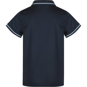 A dark navy polo shirt with a collar and contrast piping, featuring a logo. The back is shown.