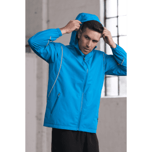 A blue men's jacket with a hood, featuring a front zip and reflective detailing.