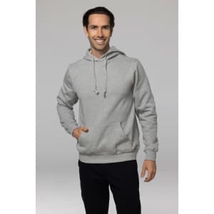 A grey men's hoodie featuring a front pocket and an adjustable hood. The model is smiling and wearing dark pants.