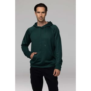 A men's hooded jumper in a deep green colour, featuring a front pocket and a drawstring hood.