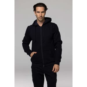 A dark navy zip-up men's hoodie with a front pocket and drawstring hood, featuring a logo.