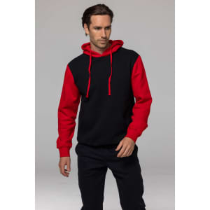 A hoodie featuring a black body and red sleeves, with a front pocket and adjustable drawstrings.
