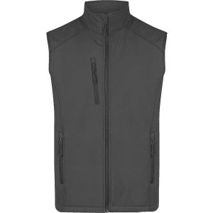 A grey men's vest with a high collar, featuring zippered pockets and a logo. Suitable for workwear.