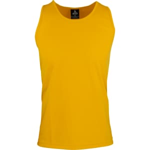 A plain yellow men's singlet featuring a round neckline and a label inside. There is a logo on the label.