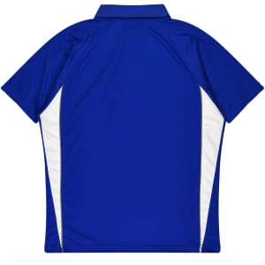 A blue polo shirt with white side panels and a collar. The back view displays the design and colour accents.