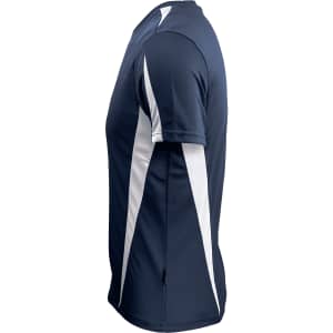 A navy blue men's t-shirt featuring white side stripes and a logo. The shirt has a crew neck and short sleeves.
