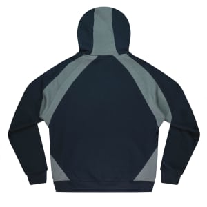 A men's hoodie featuring a combination of dark green and light grey panels, with a hood and ribbed cuffs.