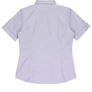 A short-sleeve button-up shirt in pale purple, featuring a tailored fit and a subtle texture. Includes a logo.