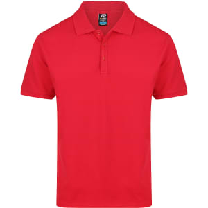A red polo shirt with a collar and three buttons, featuring a small logo on the label.