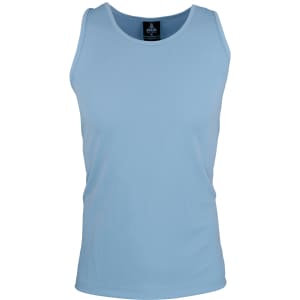 A light blue men's singlet with a fitted design and a logo on the label.