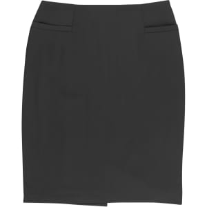 A knee-length black skirt featuring front pockets and a sleek, tailored design. It has a logo on the waistband.