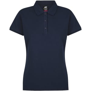 A navy polo shirt featuring a collar and three buttons, designed for women's wear. It includes a branding logo.