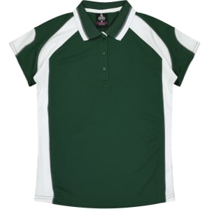 A green and white polo shirt featuring a logo, designed for women's wear.