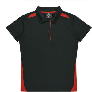 A dark green polo shirt featuring red accents on the sides and shoulders, with a collar and buttons.