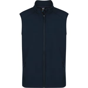 A navy blue men's vest featuring a full zip front and side pockets, designed for workwear use.