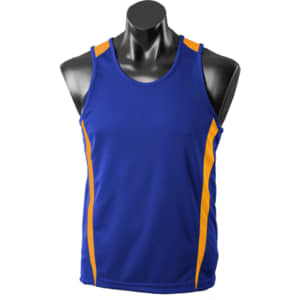 A blue singlet with orange accents displayed on a mannequin. It features a simple design and has a logo.