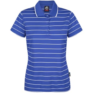A blue and white striped polo shirt with a collar and buttons, featuring a logo on the front.