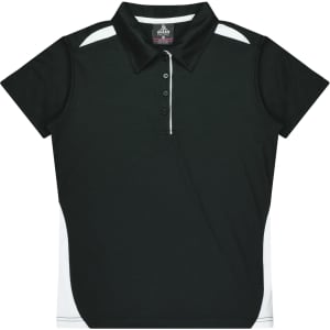 A dark green polo shirt featuring white side panels and a collar, with a logo on the top.