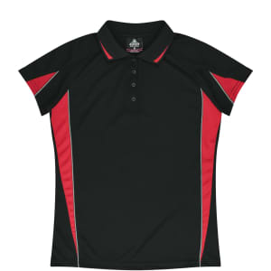 A black polo shirt with red accents and a logo on the collar. Features a classic button-up design.