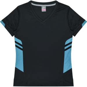A black and teal v-neck t-shirt featuring contrasting side panels and a logo. Suitable for casual wear or sports.