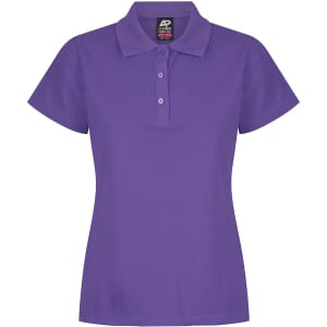 A purple polo shirt with a traditional collar and three buttons at the front, featuring a logo on the collar.