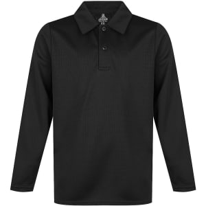 A black long-sleeve polo shirt with a collar and three buttons, featuring a logo at the neck.