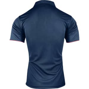 A navy blue men's polo shirt featuring a stylish design and a logo on the back.