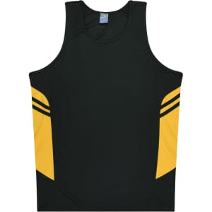 A dark green singlet with yellow side panels and a logo featured on the front.