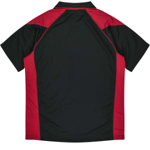 A black and red polo shirt featuring a logo, designed for kids with contrasting panels on the shoulders.