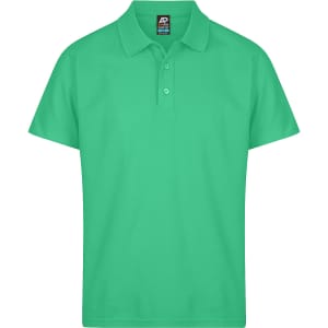A green polo shirt with a collar and three buttons, featuring a logo in the neck area.