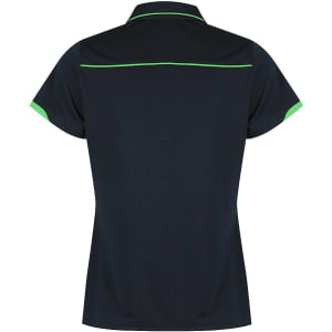A navy polo shirt featuring green accents and a logo on the back. Suitable for casual or active wear.