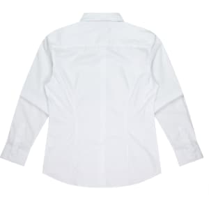 A long-sleeve white button-up shirt with a stylish back design and cuffs, featuring a logo.