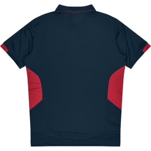 A navy polo shirt with red accents on the sides and back, featuring a collar and branding.